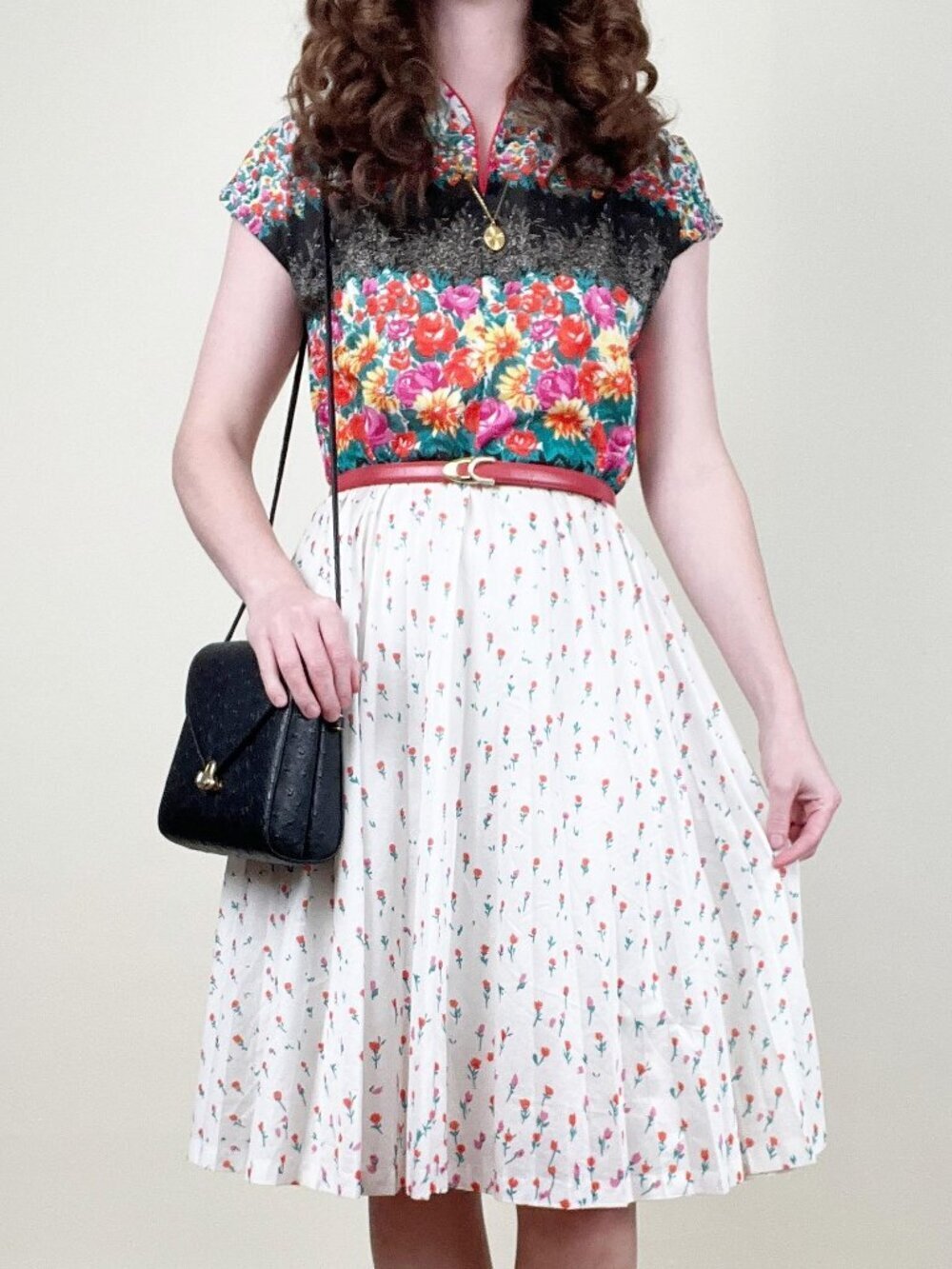 Vintage 80s 90s Floral Print Pleated Mini Midi Dress Romantic Fit Flare Sundress